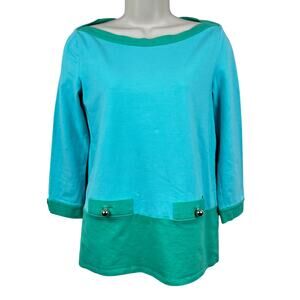 Kate Spade Knit Top Boatneck Color Block Turquoise Green Small Preppy Classic